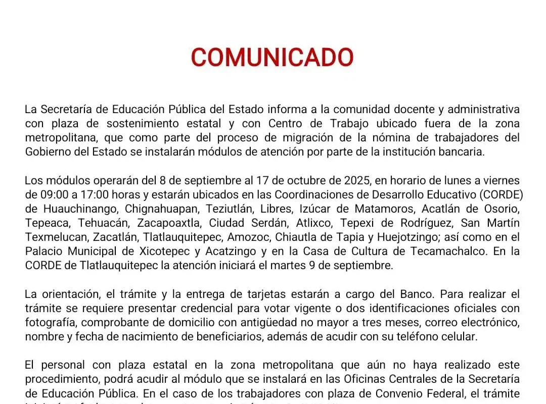 5 cosas que debes saber sobre la migración de nómina de la SEP fuera de la zona metropolitana en Puebla