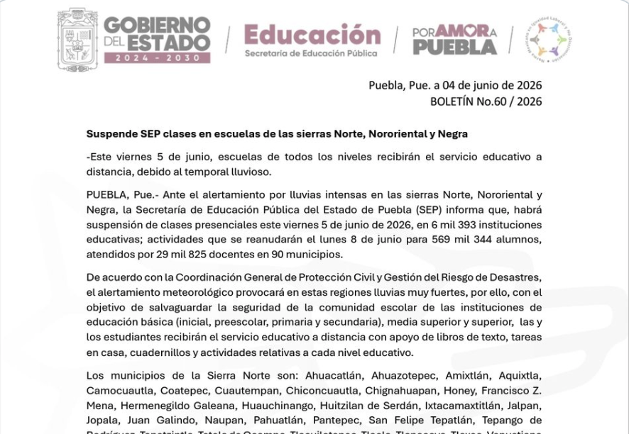 Puebla suspends classes in 90 municipalities on June 5 due to heavy rains