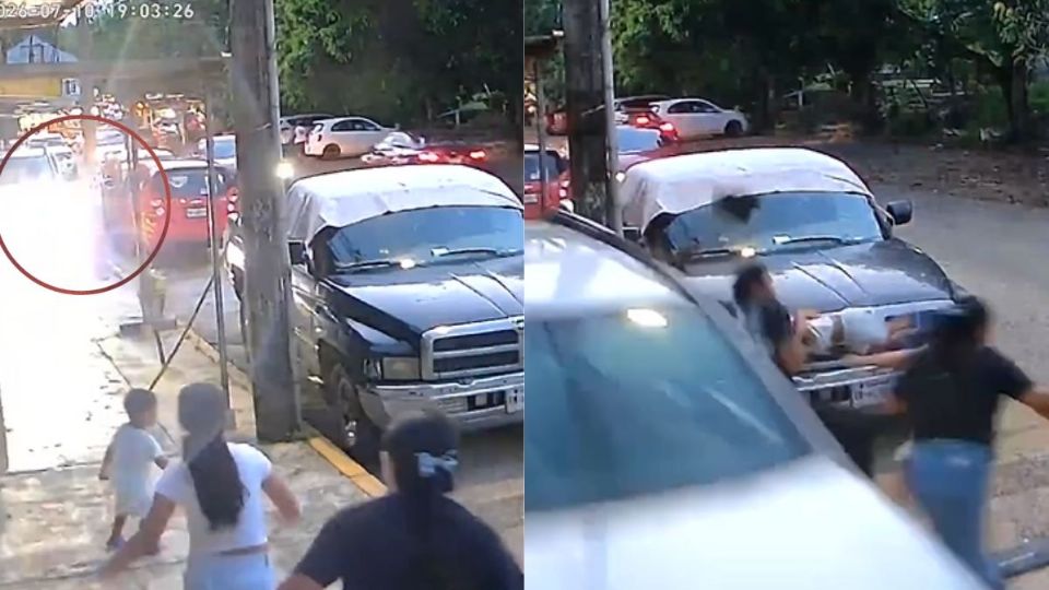 Near Miss: Family Escapes Being Hit by Truck Driving on Sidewalk in Cosoleacaque